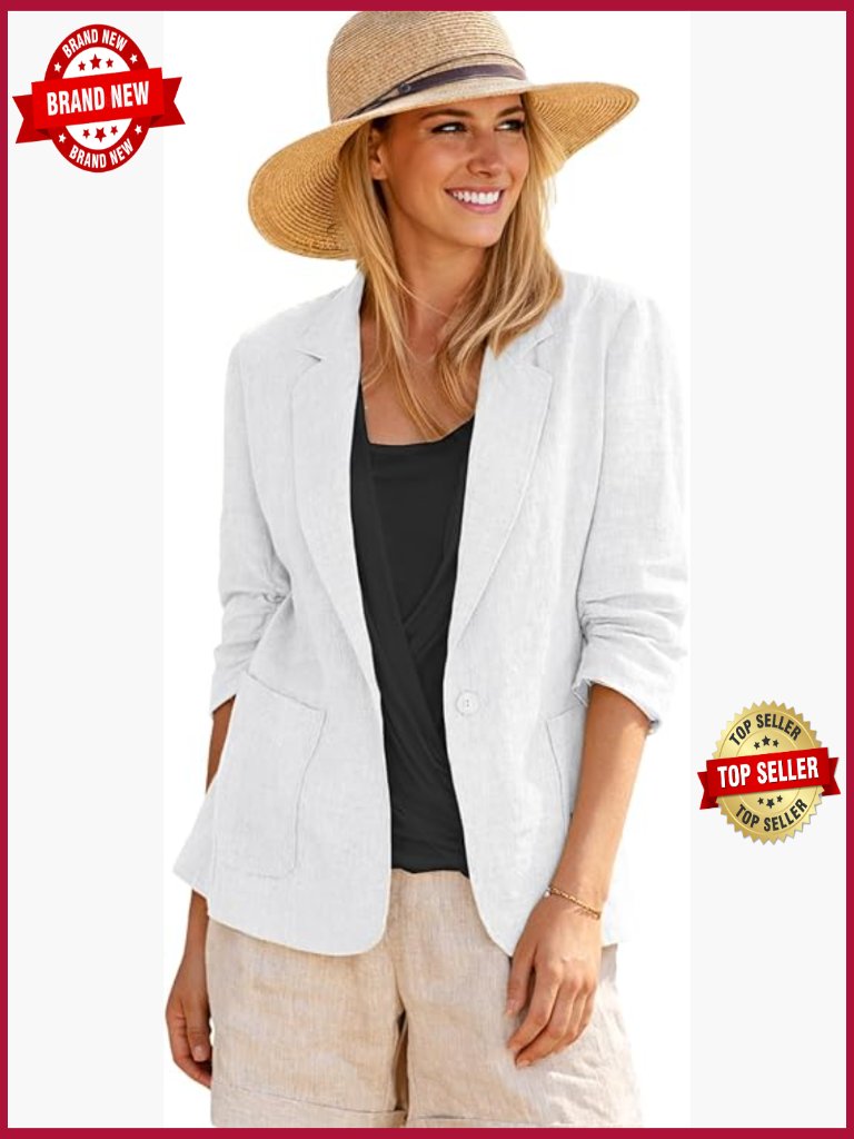 Women's Linen Blazer Jacket - Lightweight 3/4 Sleeve Ruched Work Blazer